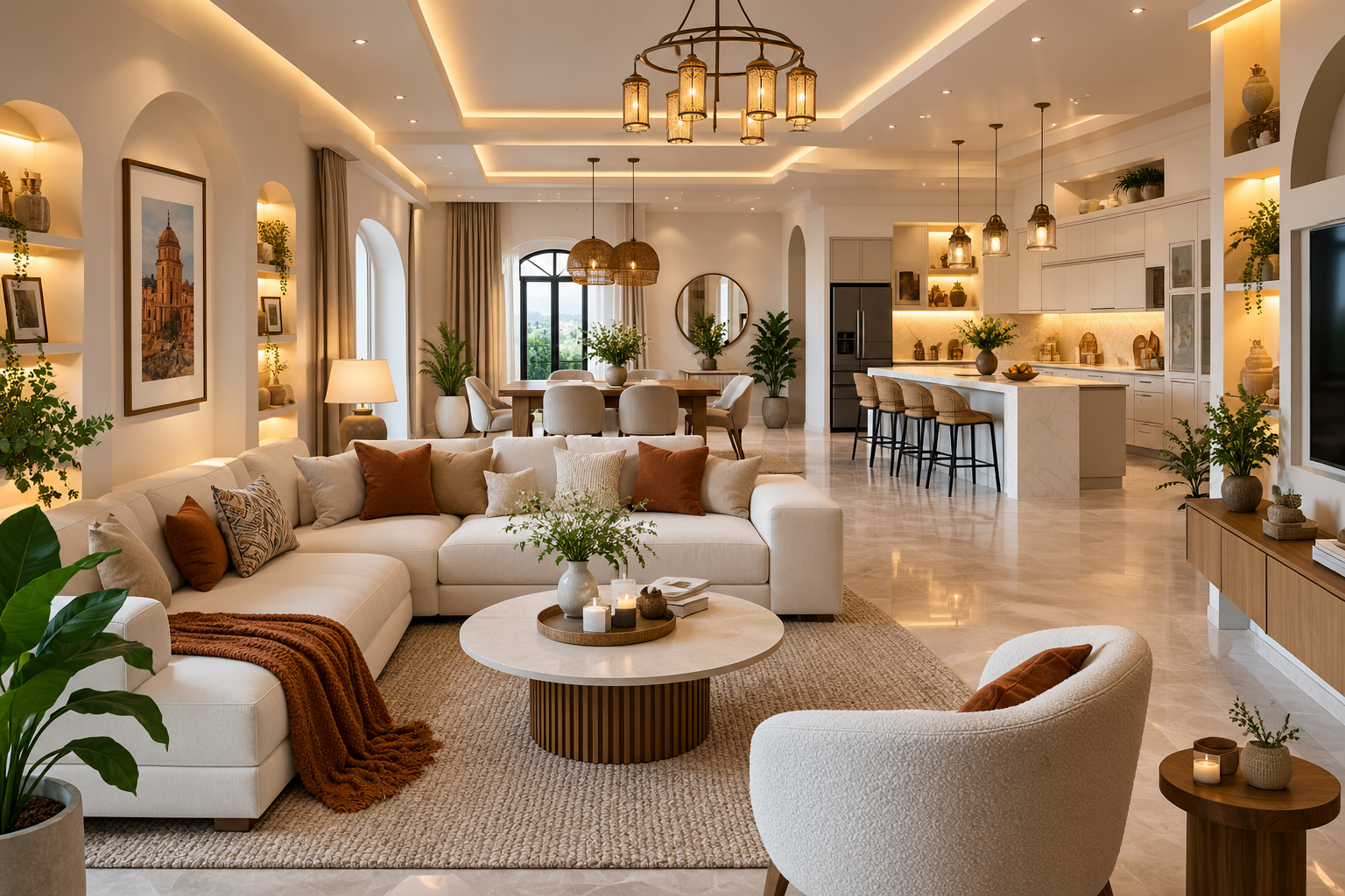 Home Decor Ideas TheHometrotters featuring a modern Turkish-inspired living room and open kitchen