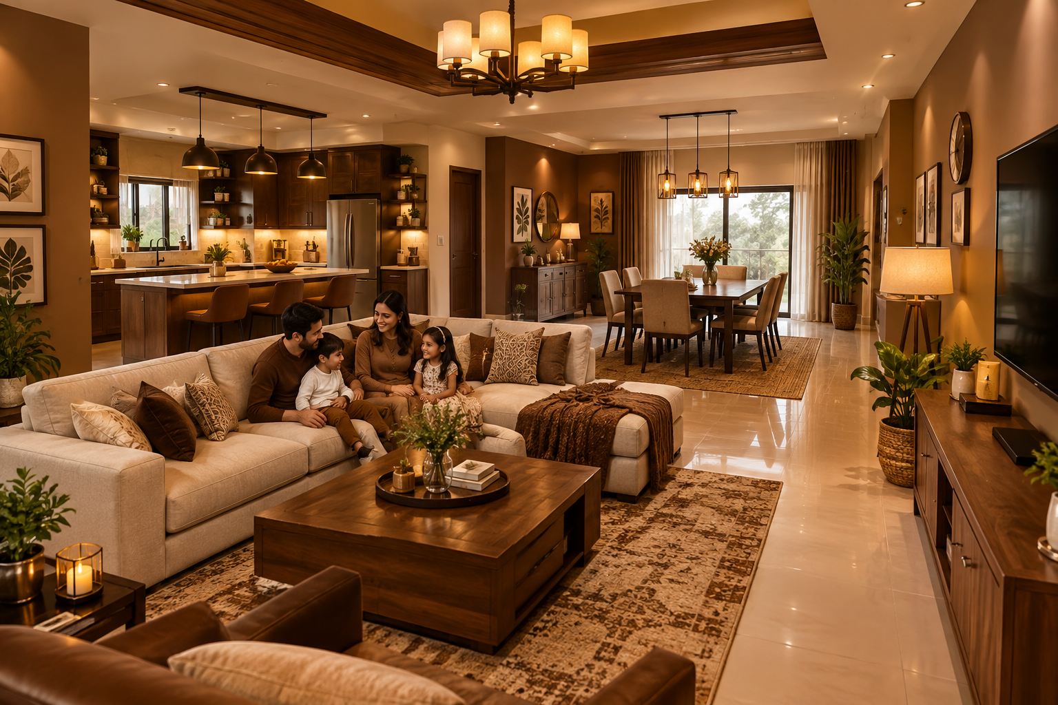 Brown theme modern home interior with kitchen, dining table, and drawing room