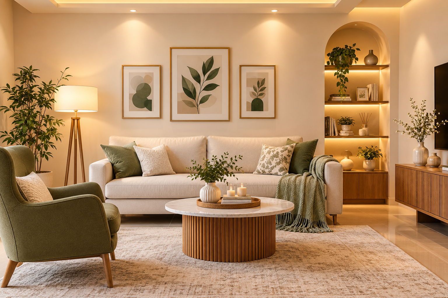 Aesthetic modern living room with elegant furniture, wall art, plants, and warm lighting