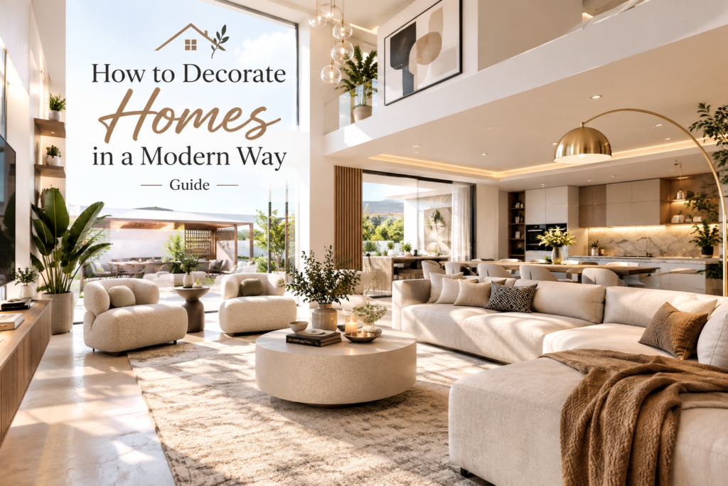 How to Decorate Homes in a Modern Way with a stylish contemporary living room, neutral furniture, natural textures, and modern lighting