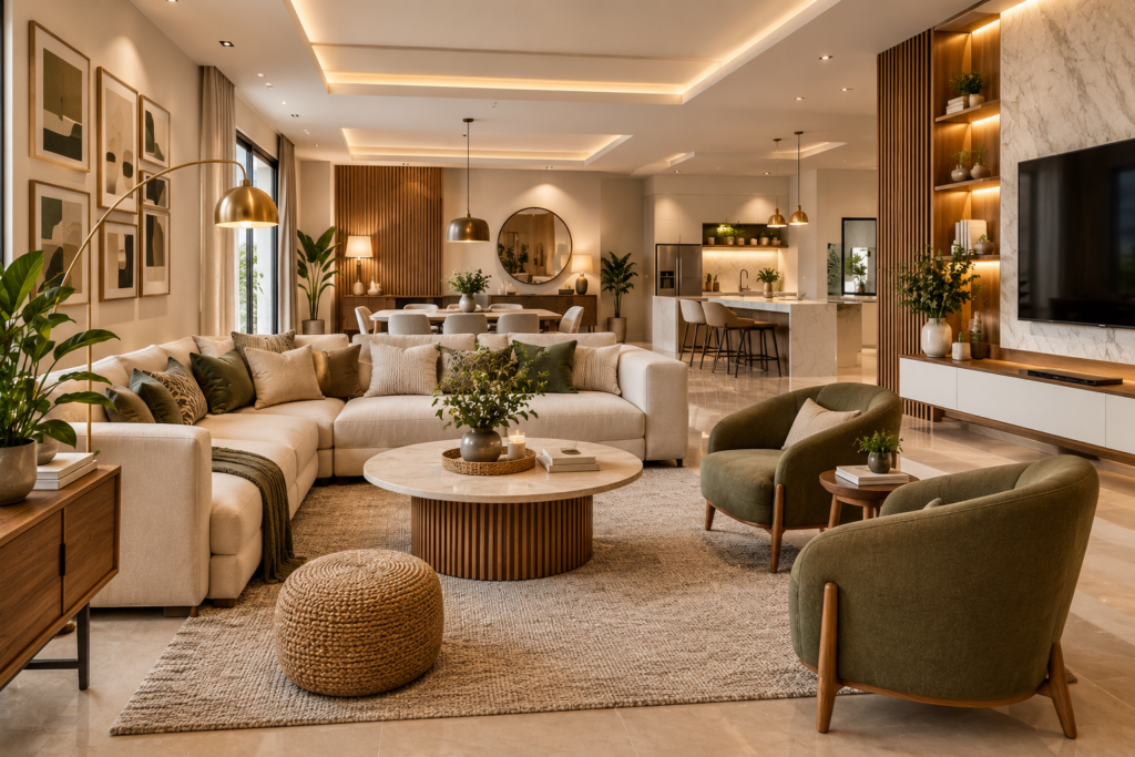 nterior Design Trends by TheHometrotters featuring a warm modern living room, stylish furniture, cozy seating, and elegant kitchen design