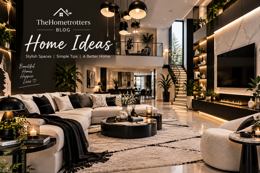 TheHometrotters Blog Home Ideas featuring a stylish black and white modern living room