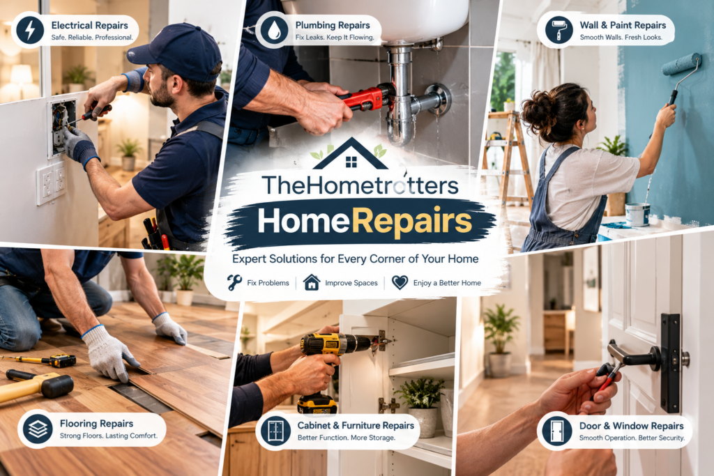 TheHometrotters HomeRepairs guide showing electrical, plumbing, wall, flooring, cabinet, and door repairs