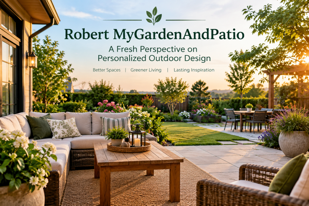 Robert MyGardenAndPatio outdoor design featuring a stylish patio, comfortable seating, and a beautiful landscaped garden
