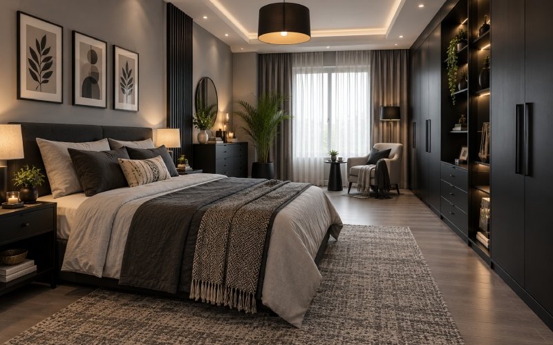 Modern Gray Bedroom Design by Trisha The Home Trotters featuring black furniture, elegant gray bedding, and warm ambient lighting.