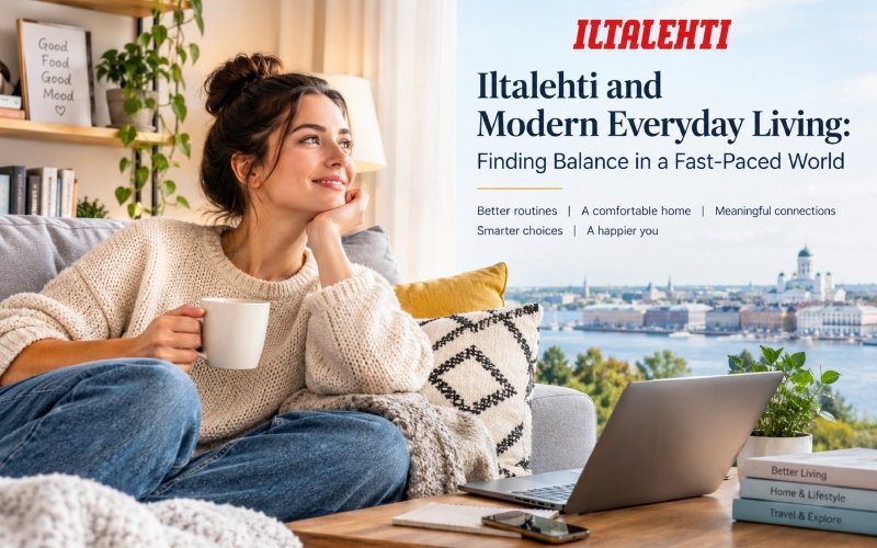Iltalehti lifestyle and daily life featuring a cozy modern living room, relaxing woman, and tips for balanced everyday living.